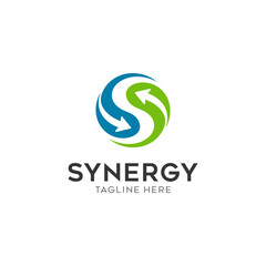 Synergy logo, concept of two or more entities working together. Interlocking circles symbolize the coming together of various elements