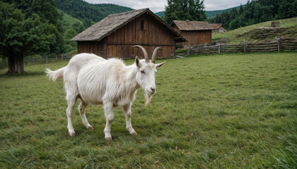 Obraz premium portrait of a white domestic goat in a green field