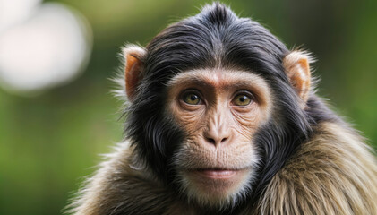 Fototapeta premium Close-up portrait of a chimpanzee's face. Dark and blur background.