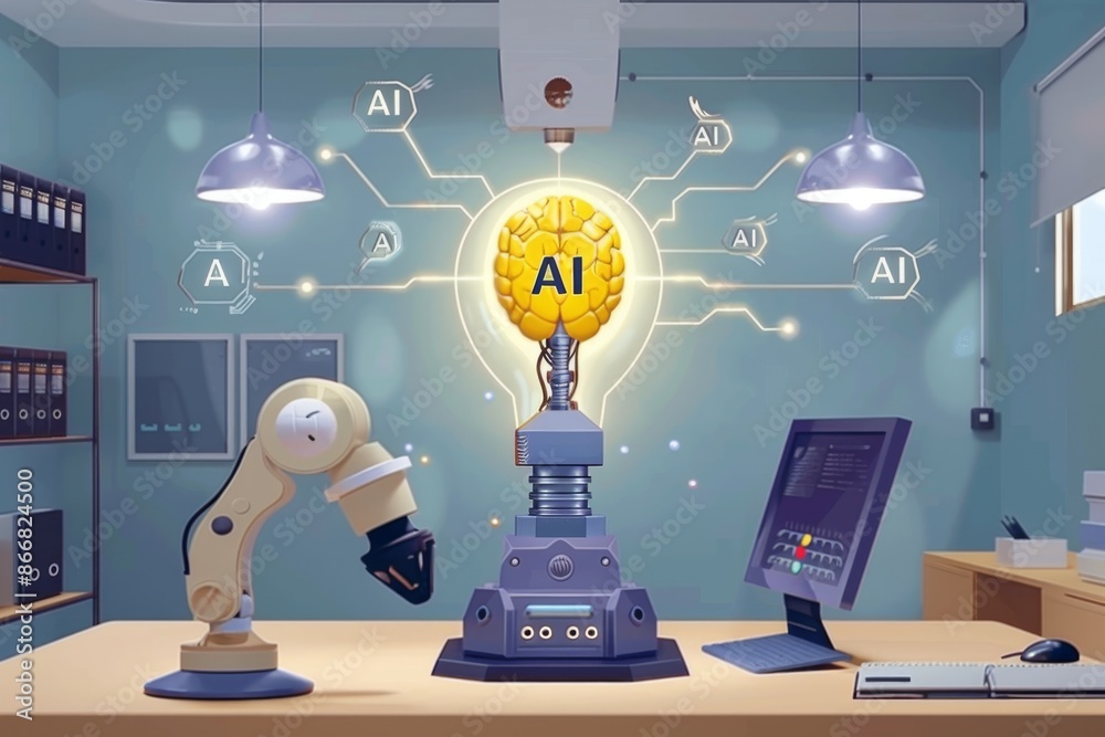 Sticker AI robotic arm interacting with digital interface in a high tech lab showcasing technological advancements and innovation