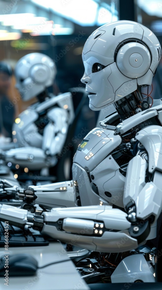 Aufkleber A close-up shot of a white humanoid robot working at a computer, its mechanical hand typing on a keyboard. It sits amongst other robots in a futuristic office setting