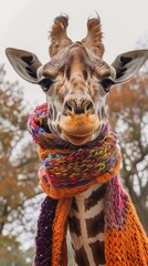 Giraffe wearing colorful knitted scarf, close-up portrait. Stylish animal fashion in autumn