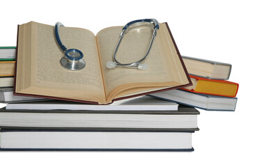 Stethoscope and stack of books isolated on white