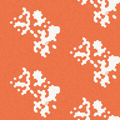 Faded peach fuzz glitch geo washed effect seamless pattern. Orange dye grungy blotched distress abstract background texture repeat. 
