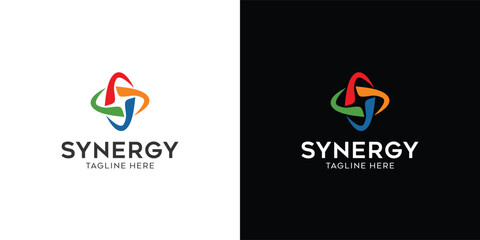 Synergy logo, concept of two or more entities working together. Interlocking circles symbolize the coming together of various elements