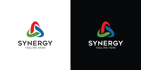 Synergy logo, concept of two or more entities working together. Interlocking circles symbolize the coming together of various elements
