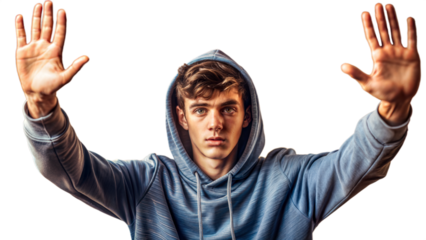 Young Man In Blue Hoodie Raising Both Hands
