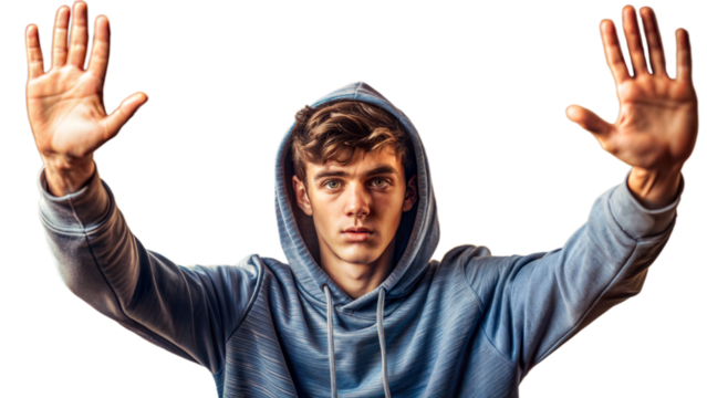 Young Man In Blue Hoodie Raising Both Hands