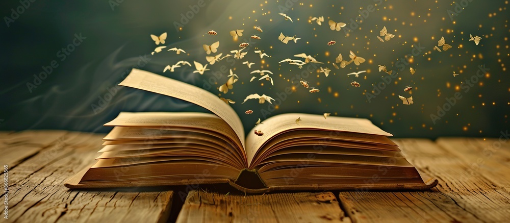 Poster Old opened book with characters flying out of pages.