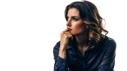 Woman In A Blue Shirt Thinking Pensively In Studio Setting