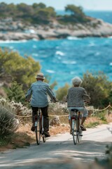 Senior couple riding bicycles along a coastal path, enjoying an active and healthy lifestyle