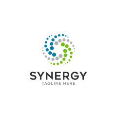 Synergy logo, concept of two or more entities working together. Interlocking circles symbolize the coming together of various elements