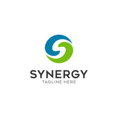 Synergy logo, concept of two or more entities working together. Interlocking circles symbolize the coming together of various elements
