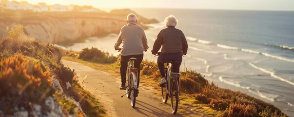 Senior couple riding bicycles along a coastal path, enjoying an active and healthy lifestyle