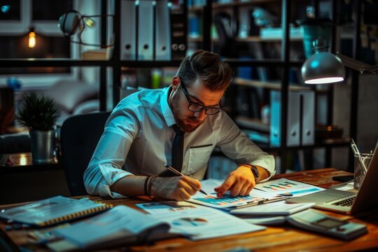 a diligent salesperson working late at their desk in a corporate office, surrounded by sales charts and paperwork