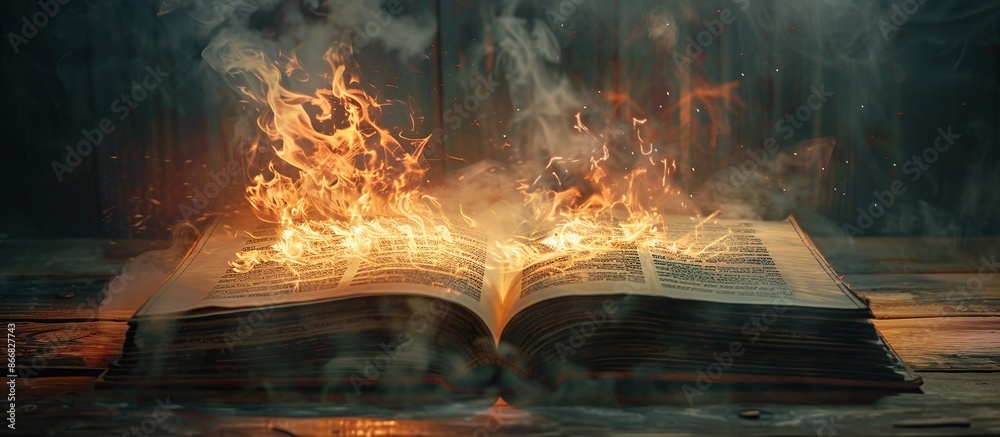 Poster Flaming open hardcover book on a table.