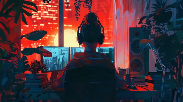 A woman implementing various motivation strategies  2D digital lofi syncwave music style