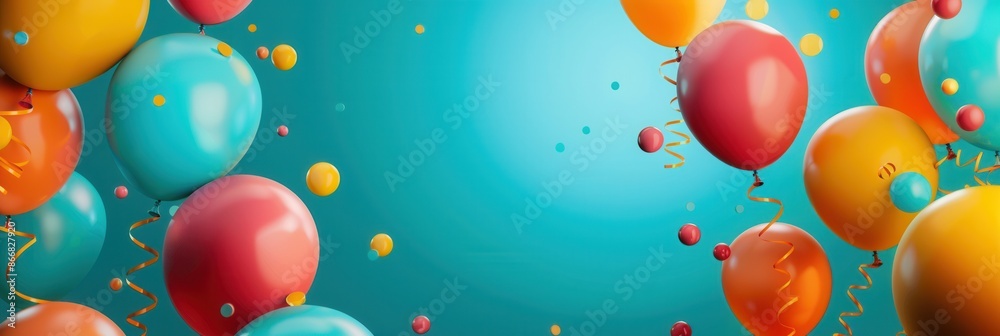 Poster a festive office event with colorful balloons floating in the air against a blue background. generat