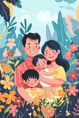 Heartwarming flat design illustration of an Asian family in a floral setting