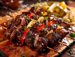 High-quality food photography of Greek souvlaki, with vibrant colors and textures