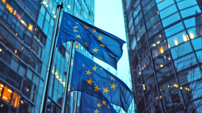 Three European Union flags waving in front of modern glass buildings on a clear day. This image represents unity and harmonization among member states. Ideal for geopolitical contexts and news. AI