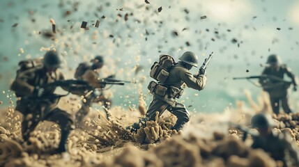 Soldiers running through a hail of bullets on a battlefield beach, claymation style, high-definition
