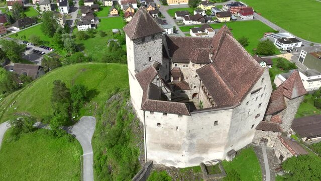 Gutenberg Castle - Medieval Burg in town of Balzers, Principality of Liechtenstein. Aerial Picturesque summer landscape