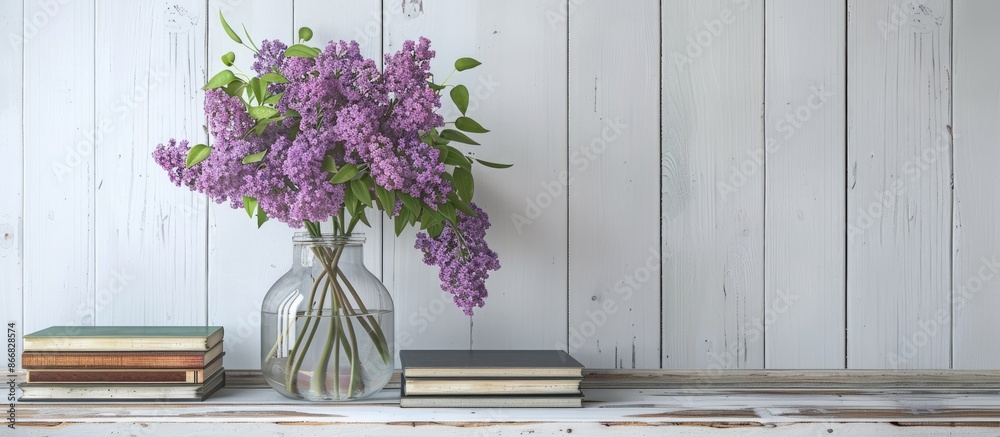 Canvas Prints Interior decoration with lilac flowers in a glass vase and books on a vintage wooden surface against a white wall