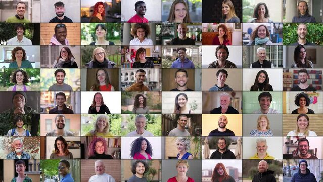 A multiscreen display featuring 64 individuals of various ages and ethnicities, all smiling joyfully. The screen captures a wide range of emotions and expressions, creating a mosaic of happiness and p