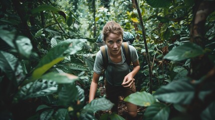 A person hiking through a dense forest, their face showing determination and adventure,