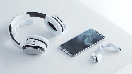 Futuristic wireless headphones and a sleek smartphone on a pristine white background, showcasing the seamless integration of technology and lifestyle in high-definition