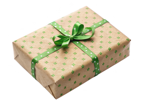 Gift Wrapped With Brown Paper And Green Ribbon. The Present Features A Clover Pattern, Offering A Charming And Eco-Friendly Look. Isolated on transparent background, png.