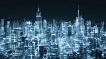 3D Rendering of visual city. Hologram of urban city area in dark mode. 