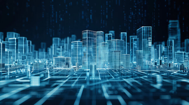3D Rendering of visual city. Hologram of urban city area in dark mode. 