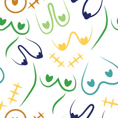seamless pattern of a variety of female breasts, namely saggy breasts, surgery scars and puffy breasts drawn with colorful outlines, for designs, posters or banners