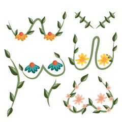 set with various female breasts decorated with green twigs and colorful flowers, for packaging, designs or pogigraphy