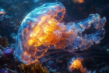 Obraz premium A vibrant, glowing jellyfish with bright bioluminescence drifting through an underwater coral reef.