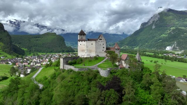 Gutenberg Castle - Medieval Burg in town of Balzers, Principality of Liechtenstein. Aerial Picturesque summer landscape