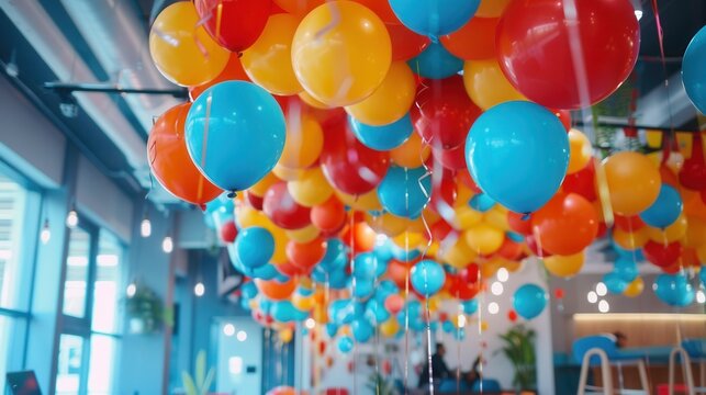 A cluster of colorful balloons, likely in corporate colors, hangs from the ceiling of a modern office space. Its a festive setting for a celebratory event. Generative AI