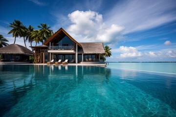 Tranquil tropical resort in maldives  relaxing poolside oasis with palm trees and azure sky