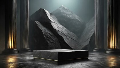 お洒落な雰囲気、大きな岩、高級感ある黒い背景、ミステリアス、中央に存在感のあるステージ、シンプルに優しく仕上げる Generated by AI