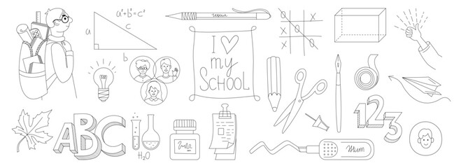 Hand drawn vector doodle school icons and symbols. Student characters.