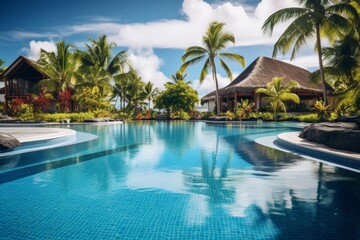 Fototapeta premium Tranquil maldives resort poolside oasis with clear blue sky, palm trees, and serene ambiance