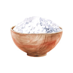 Salt in a wooden bowl in watercolor illustration on a white background. Hand-drawn illustration of salt for postcards, spa advertising, hammam. Turkish bath, Finnish sauna, beauty salons