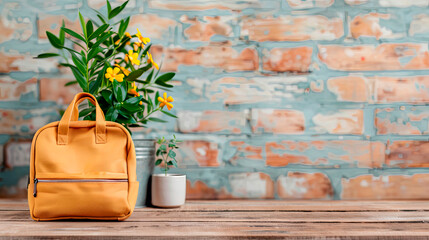 Yellow backpack next to a potted green plant on a wooden table with a brick wall background. Represents education and nature concepts. Suitable for back-to-school promotions and lifestyle content