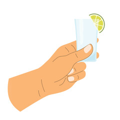 hand holding shot of vodka or tequila with lime slice  - vector illustration