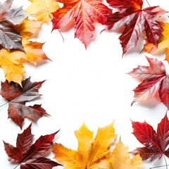 Autumn background with assorted maple leaves on white background. Happy Thanksgiving day. Frame of fall decorations. Flat lay composition, top view. Mockup for invitation, greeting