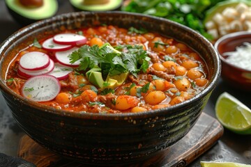 A bowl of pozole rojo, with tender pork, hominy, and a rich red chili broth, garnished with shredded cabbage, radishes, avocado slices, and lime wedges