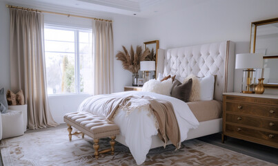 Tuscan (Texas) Style Interior of a Bedroom. Bed with Beautiful Headboard. Luxury Home Furniture and Decor. Room with Pillows, Curtains, Bedding, Decoration and Lamps 