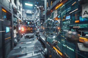 High Tech Digital Tunnel with Glowing AI Sphere and Futuristic Data Streams
